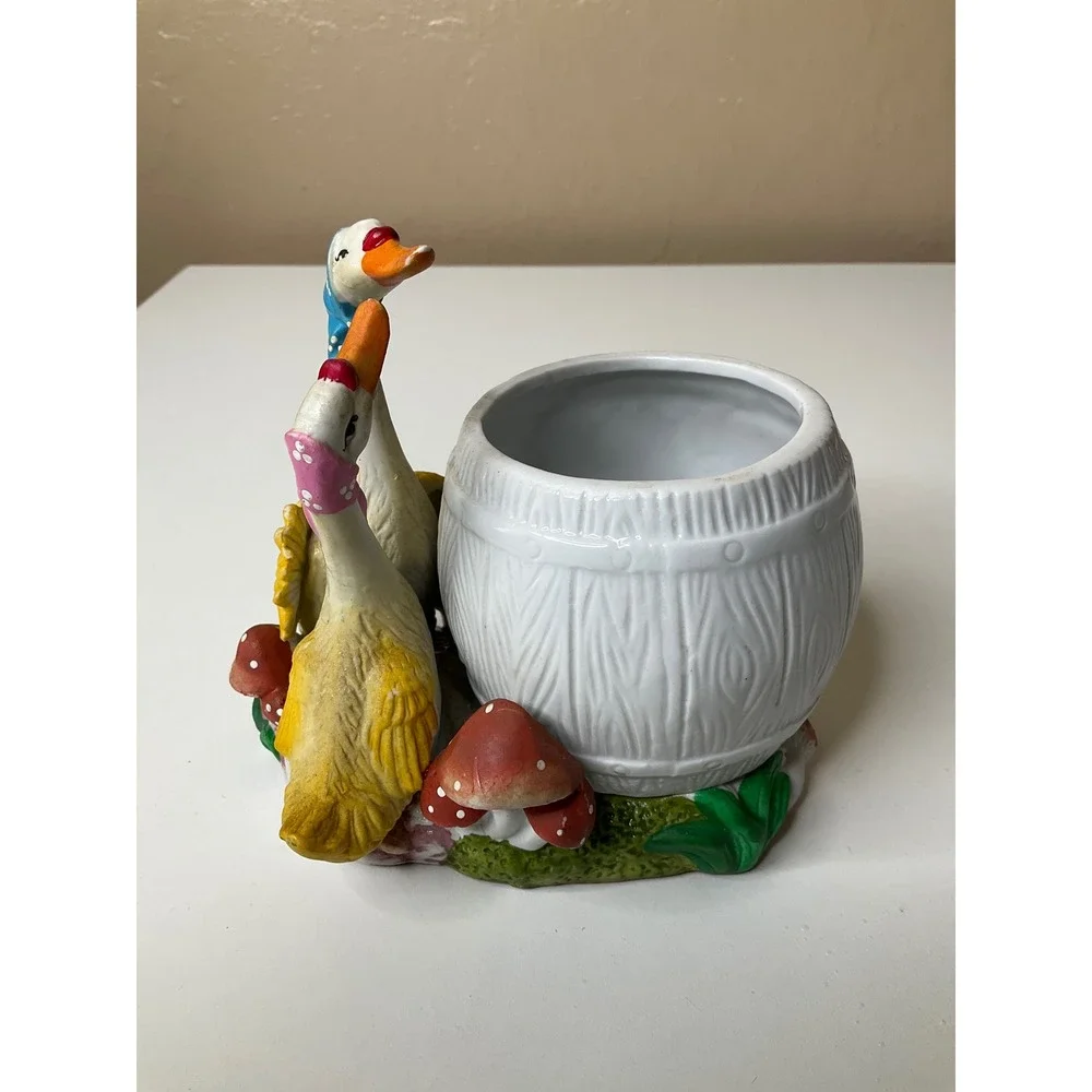 Vintage Ceramic Mother Goose Planter 2 Geese Mushrooms Decor Cottagecore Country